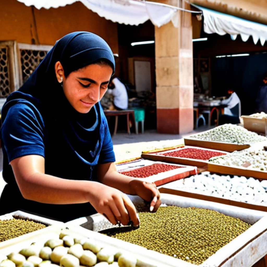 A determined young Libyan woman in modest, practical everyday clothing, diligently working on a small-scale entrepreneurial activity, such as arranging handicrafts or preparing local products, within a vibrant, sunlit local market in Libya. The background is softly blurred, hinting at bustling daily life and other market stalls. The overall mood is one of resilience, resourcefulness, and quiet hope. This image is fully clothed, appropriate attire, safe for work, perfect anatomy, correct proportions, natural pose, well-formed hands, proper finger count, natural body proportions, family-friendly, professional photography, high quality.