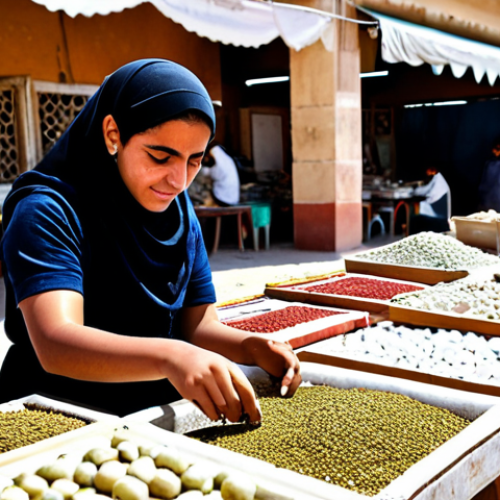 Home 17 A determined young Libyan woman in modest, practical everyday clothing, diligently working on a small-scale entrepreneurial activity, such as arranging handicrafts or preparing local products, within a vibrant, sunlit local market in Libya. The background is softly blurred, hinting at bustling daily life and other market stalls. The overall mood is one of resilience, resourcefulness, and quiet hope. This image is fully clothed, appropriate attire, safe for work, perfect anatomy, correct proportions, natural pose, well-formed hands, proper finger count, natural body proportions, family-friendly, professional photography, high quality.