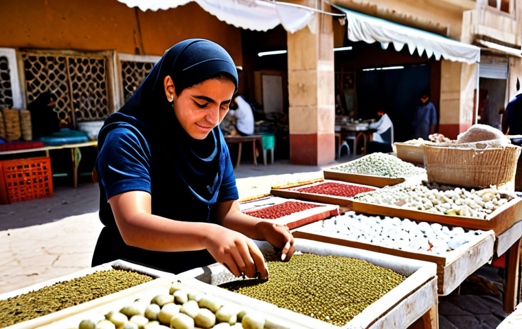 A determined young Libyan woman in modest, practical everyday clothing, diligently working on a small-scale entrepreneurial activity, such as arranging handicrafts or preparing local products, within a vibrant, sunlit local market in Libya. The background is softly blurred, hinting at bustling daily life and other market stalls. The overall mood is one of resilience, resourcefulness, and quiet hope. This image is fully clothed, appropriate attire, safe for work, perfect anatomy, correct proportions, natural pose, well-formed hands, proper finger count, natural body proportions, family-friendly, professional photography, high quality.