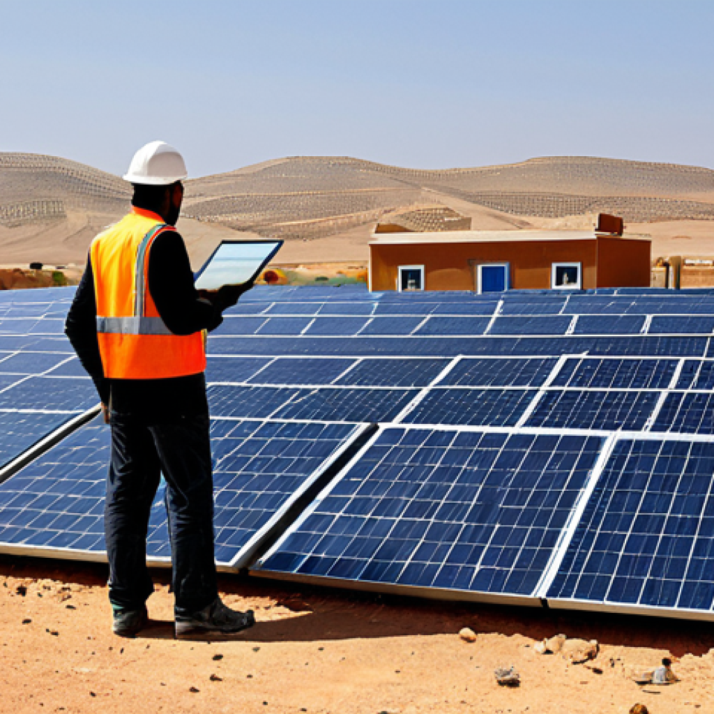 Solar Panel Installation**

A Libyan engineer, fully clothed in appropriate work attire (hard hat, safety vest), inspecting a newly installed solar panel array in a desert landscape.  In the background, a small village with traditional Libyan architecture.  Bright, sunny day.  Emphasis on the modern technology contrasting with the traditional setting.  Perfect anatomy, correct proportions, natural pose. Safe for work, appropriate content, professional, fully clothed. High quality, realistic.

**
