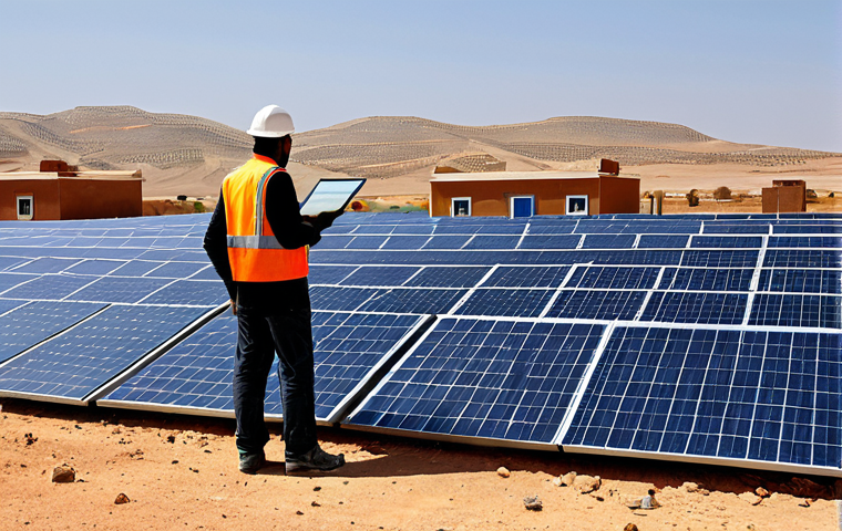 Solar Panel Installation**

A Libyan engineer, fully clothed in appropriate work attire (hard hat, safety vest), inspecting a newly installed solar panel array in a desert landscape.  In the background, a small village with traditional Libyan architecture.  Bright, sunny day.  Emphasis on the modern technology contrasting with the traditional setting.  Perfect anatomy, correct proportions, natural pose. Safe for work, appropriate content, professional, fully clothed. High quality, realistic.

**