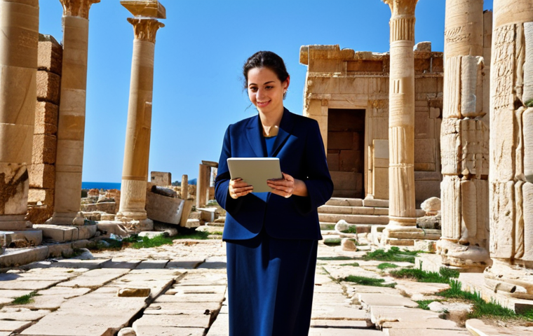 리비아 여행자 보험과 필수 서류 - Travel Insurance Peace of Mind**
Prompt: A fully clothed woman, professional attire, stands confide...