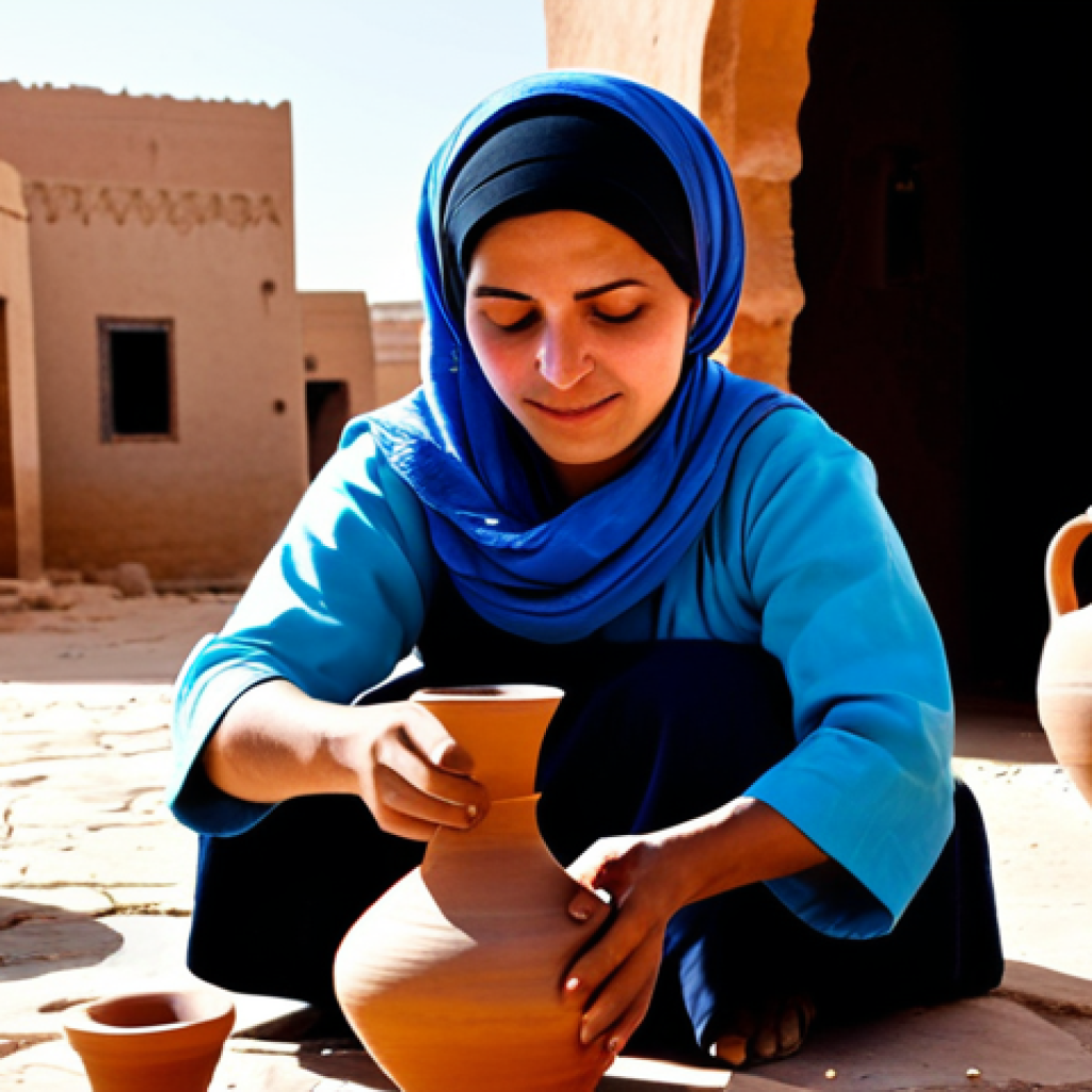 리비아에서 인기 있는 예술과 공예품 - **Prompt:** "A Berber woman, fully clothed in traditional modest clothing, skillfully crafting potte...
