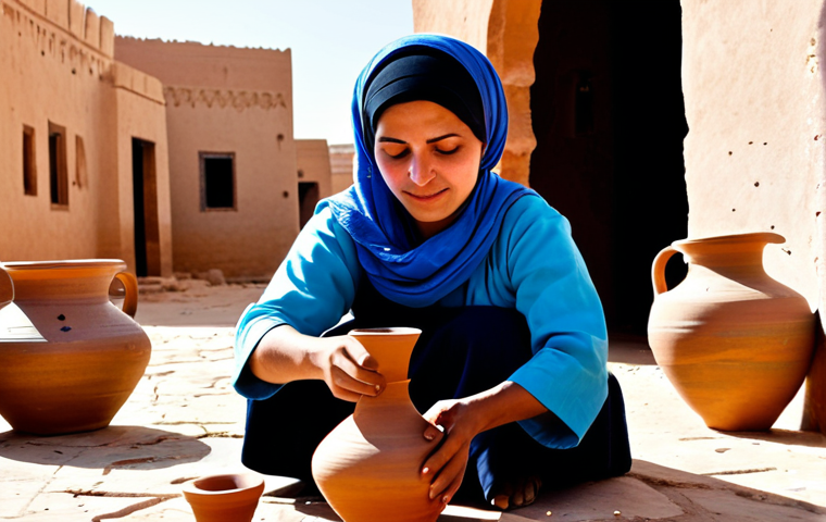 리비아에서 인기 있는 예술과 공예품 - **Prompt:** "A Berber woman, fully clothed in traditional modest clothing, skillfully crafting potte...