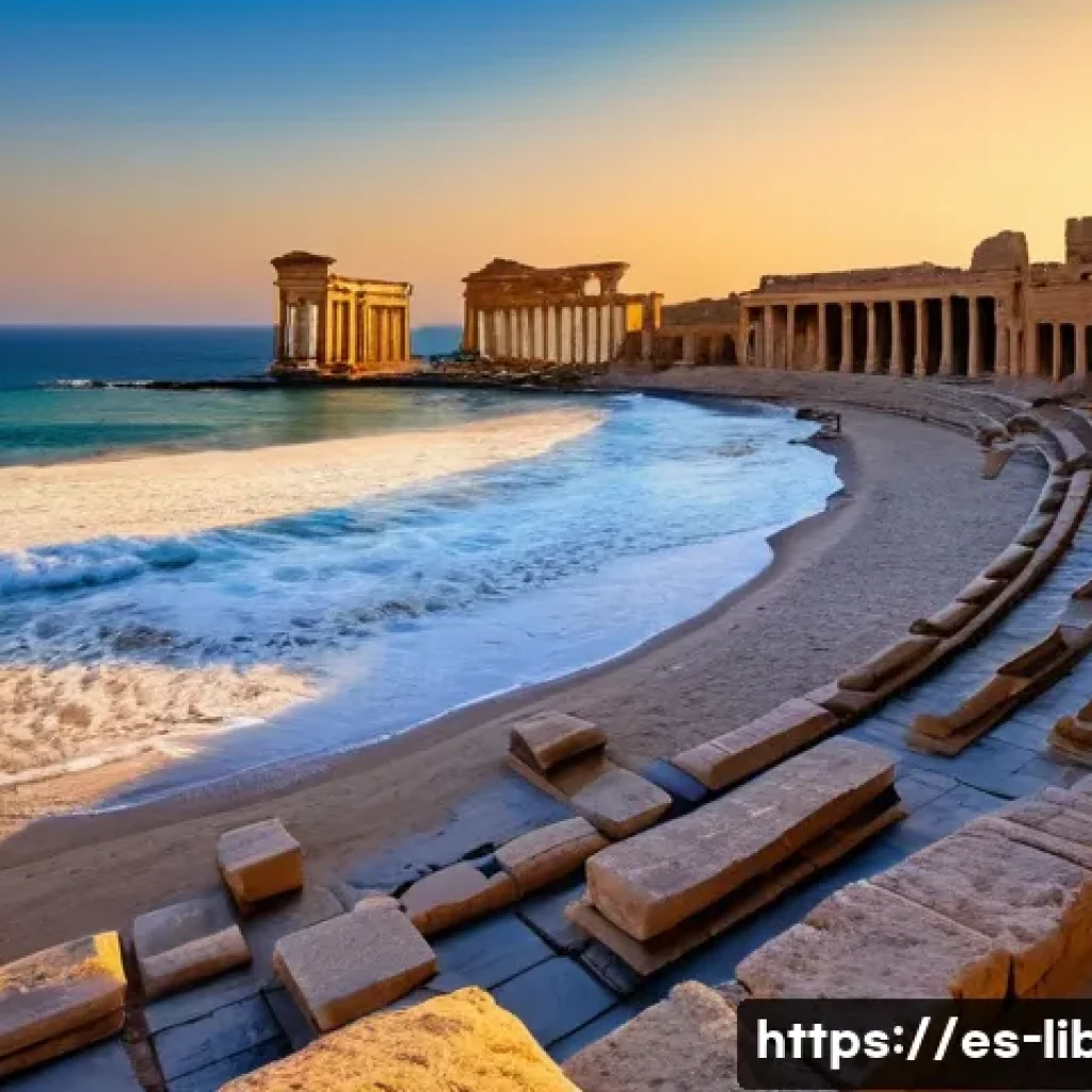 리비아의 대표적인 관광지 - **Grandeur of Leptis Magna at Dawn:** A breathtaking wide shot of the ancient Roman city of Leptis M...