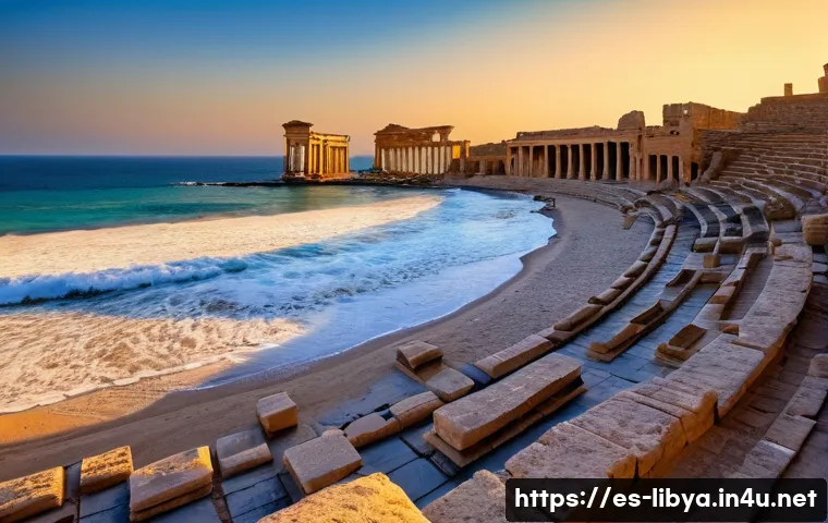 리비아의 대표적인 관광지 - **Grandeur of Leptis Magna at Dawn:** A breathtaking wide shot of the ancient Roman city of Leptis M...