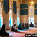 리비아의 종교와 이슬람 전통 - A vibrant scene inside a traditional Libyan mosque during prayer time, showing men and women dressed...