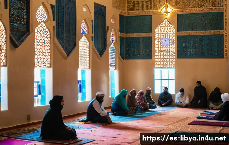 리비아의 종교와 이슬람 전통 - A vibrant scene inside a traditional Libyan mosque during prayer time, showing men and women dressed...