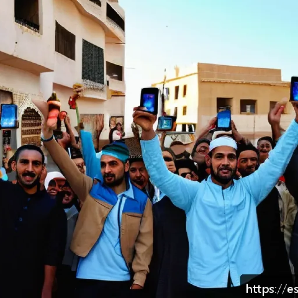 리비아에서 발생한 역사적 반란과 혁명 - A vibrant street scene in Libya during the 2011 social protests, featuring a diverse group of young ...