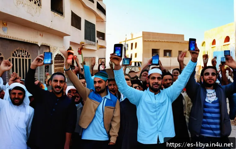 리비아에서 발생한 역사적 반란과 혁명 - A vibrant street scene in Libya during the 2011 social protests, featuring a diverse group of young ...