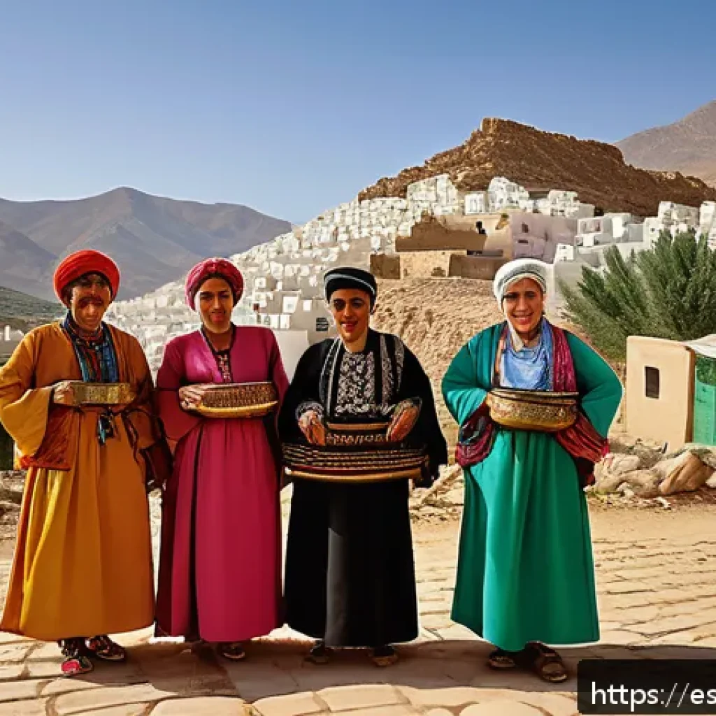 리비아의 공식 언어와 방언 - A vibrant Libyan mountain village scene in Nafusa, showing a group of Berber-speaking villagers in t...