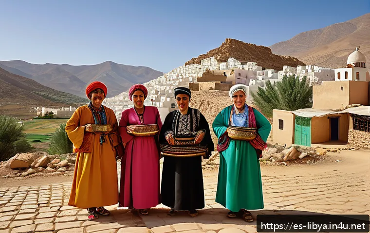 리비아의 공식 언어와 방언 - A vibrant Libyan mountain village scene in Nafusa, showing a group of Berber-speaking villagers in t...