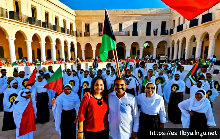 리비아의 주요 공휴일과 기념일 - Photorealistic Libyan Independence Day celebration in a sunlit city square, diverse Libyan families ...