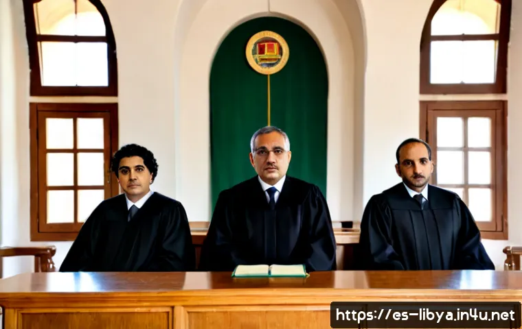 리비아에서 발생한 유명한 법적 판결 - Photorealistic Libyan courtroom during a landmark legal ruling, three solemn judges in dark robes se...